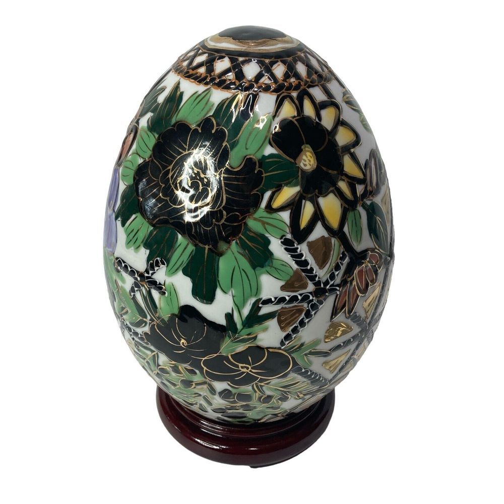 Chinese Porcelain Egg Black Gold Floral 9" with Stand Decor multicolor Vintage‎